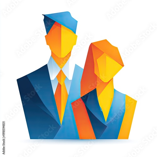 Stylized geometric figures of a man and woman in business attire