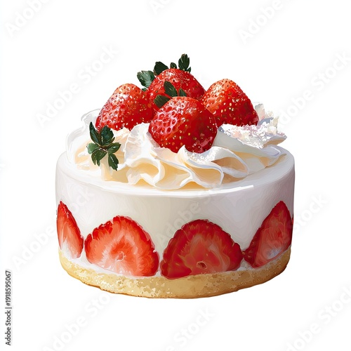 A small, round cake with whipped cream, strawberries, and cake slices