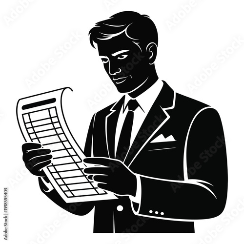 Man in suit looking closely at financial document or spreadsheet checking figures with focused expression in black silhouette