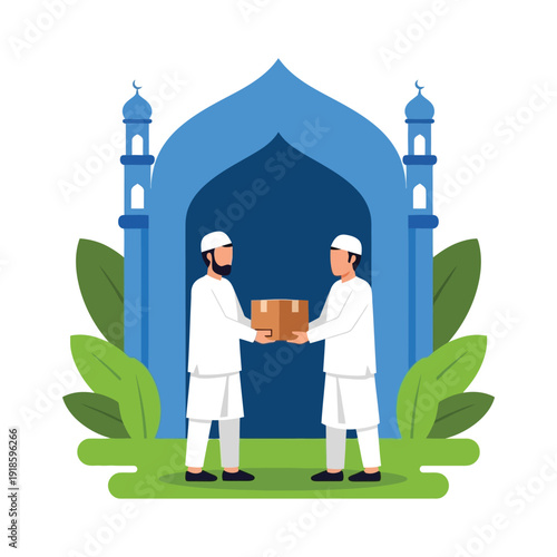 Muslim Men Giving Charity Box Near Mosque