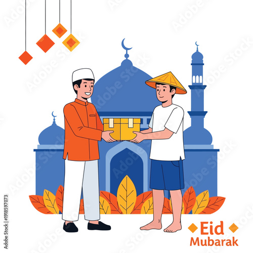 Muslim Men Sharing Gift Eid Mubarak Celebration