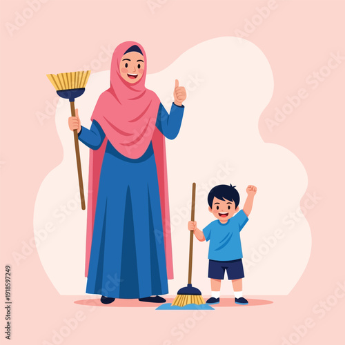 Happy Muslim Mother And Son Cleaning Team