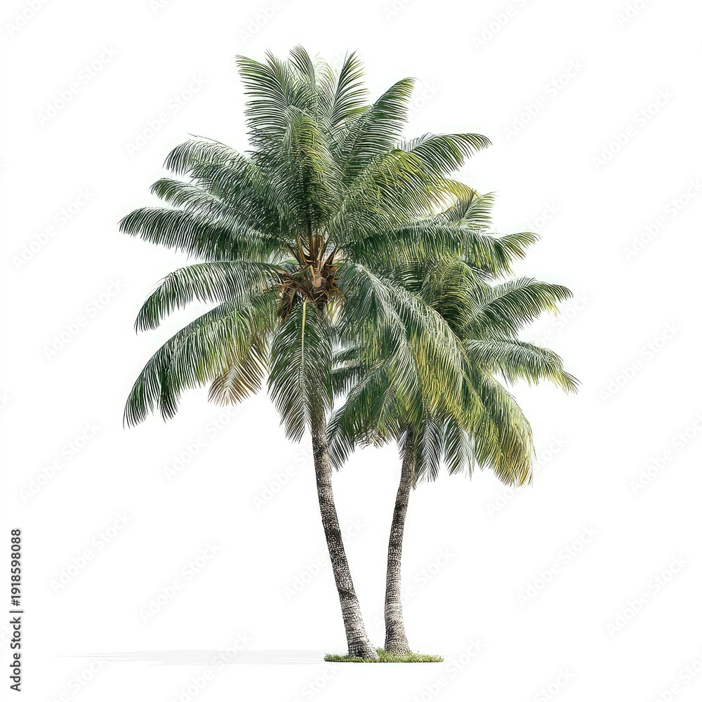 Fototapeta premium Two tall palm trees with lush green fronds on a bright white background