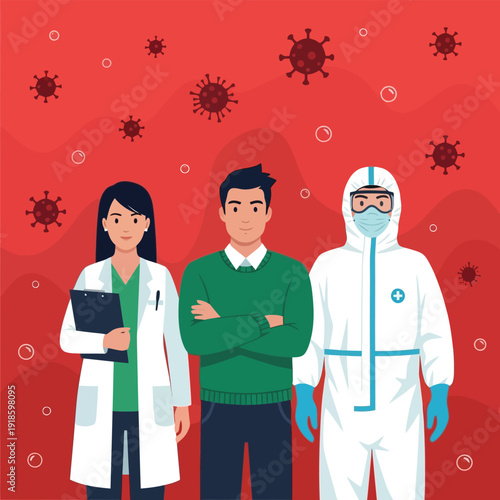 Doctors Patient and Hazmat Worker Against Virus