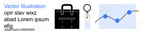 Business growth, data exploration, information tracking, financial strategy, career development, decision-making. A briefcase, magnifying glass and line graph with data points. Business growth