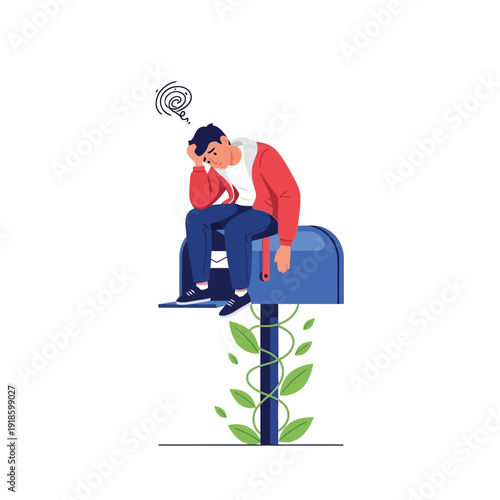 Man Waiting Sadly on an Overgrown Mailbox