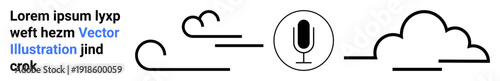 Audio technology, podcasting, sound editing, broadcasting, media tools, recording apps. Microphone icon with minimalist cloud and wave elements. Audio technology and podcasting concept