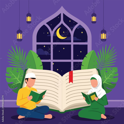 Islamic Couple Reading Holy Book at Night