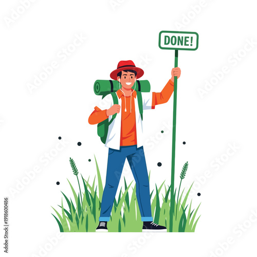Happy Hiker Holding Done Sign After Achievement