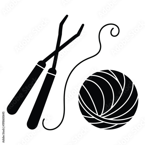 Crochet tools icon vector showing yarn ball and hooks for knitting and sewing hobby projects handmade crafts illustration isolated on transparent background for creative designers