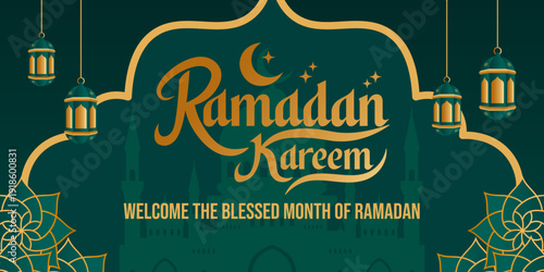Ramadan Kareem Green and Gold with Mosque Illustration