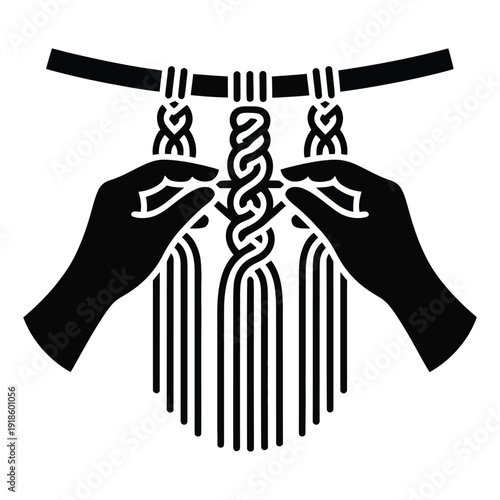 Macrame craft vector icon showing hands tying knots on wooden stick for wall hanging decor handmade hobby illustration isolated on transparent background creative textile artwork