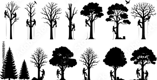 High contrast monochrome forestry worker collection, tree climbing, sawing logs, chopping wood, flat vector design