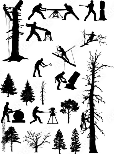 High contrast monochrome forestry worker collection, tree climbing, sawing logs, chopping wood, flat vector design