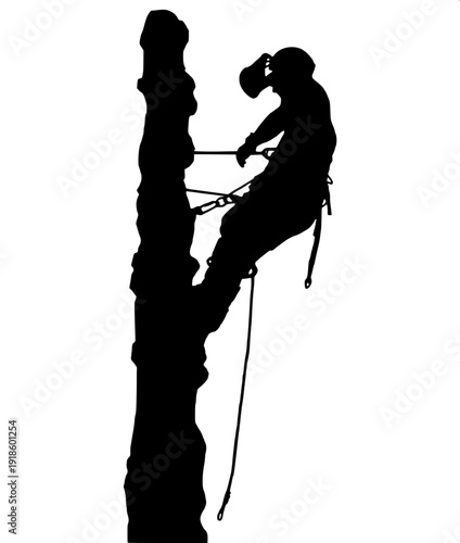 High contrast monochrome forestry worker collection, tree climbing, sawing logs, chopping wood, flat vector design
