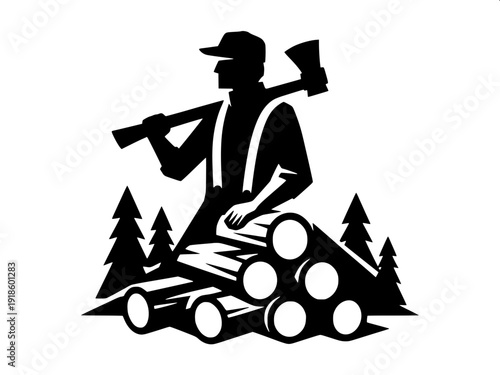 High contrast monochrome forestry worker collection, tree climbing, sawing logs, chopping wood, flat vector design