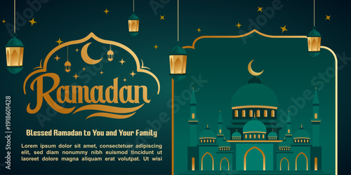 Ramadan Kareem Green and Gold with Mosque Illustration