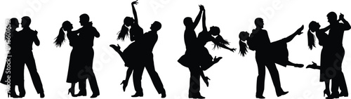 Collection of romantic couple dancing silhouettes performing ballroom latin and swing dance moves isolated on white background for artistic design