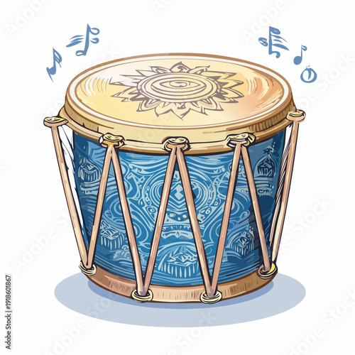 Traditional Indian Dholak Drum with Musical Notes and Ornate Design.