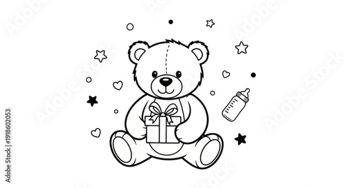 Cute Teddy Bear Holding Gift Box with Baby Bottle and Stars - Outline Illustration
