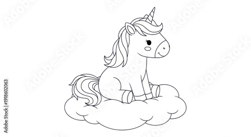 Cute Unicorn Sitting on Cloud, Coloring Page Outline