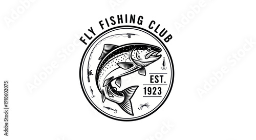 Fly Fishing Club Emblem with Salmon and Vintage Est. 1923 Text