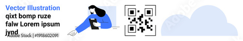 Digital marketing, scanning technology, cloud storage, data authentication, online sharing, and backup services. Woman holding phone near QR code with a cloud icon in the background. Scanning