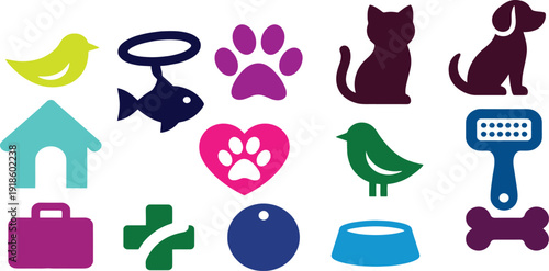 Pet Care Icons: A collection of various icons depicting different elements associated with pet care, showcasing a range of symbols that represent animals and related items.