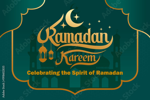 Ramadan Kareem Green and Gold with Mosque Illustration