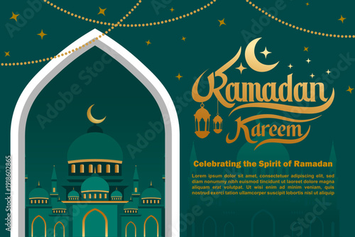 Ramadan Kareem Green and Gold with Mosque Illustration