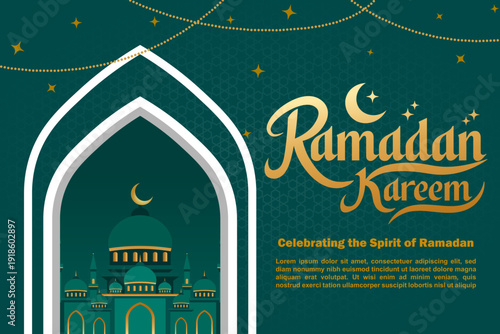 Ramadan Kareem Green and Gold with Mosque Illustration
