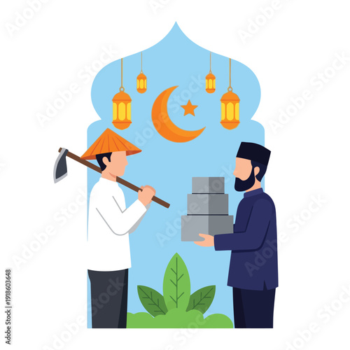 Muslim Farmer Giving Zakat Sadaqah Flat Illustration