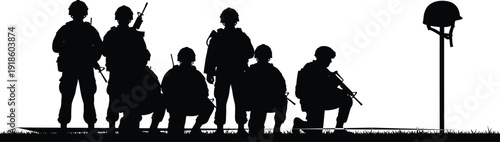 Military soldier silhouettes kneeling at fallen hero battlefield cross memorial on grass isolated on white background for patriotic veterans day design