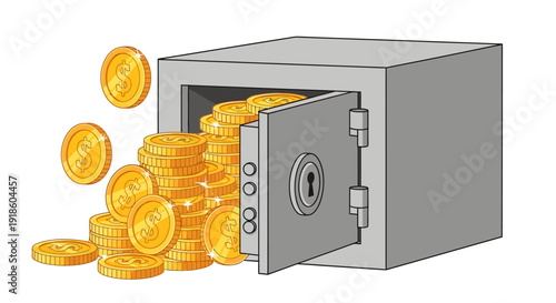 Open grey metal safe overflowing with stacks of shiny gold dollar coins.