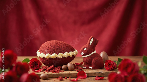 red textured Easter egg cake with white piped trim, next to a red textured rabbit figurine, on a wooden board, surrounded by red rose petals and small brown eggs.