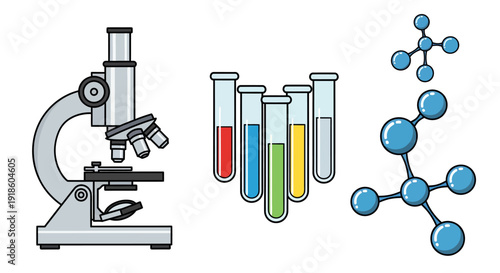 Set of scientific laboratory icons featuring a microscope, colorful test tubes, and molecular models.
