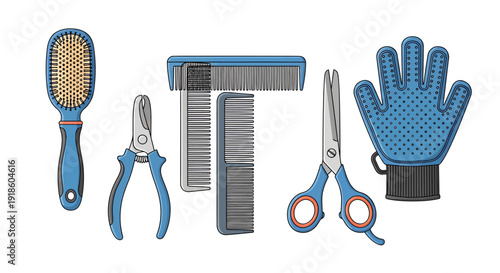 Set of blue pet grooming accessories: brush, combs, clippers, scissors, and grooming glove.