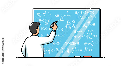 Scientist writing complex chemical formulas on a blue blackboard
