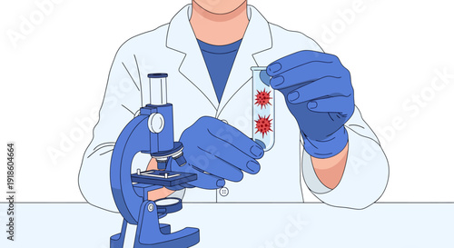 Scientist Examining Virus Sample with Microscope in Laboratory Setting