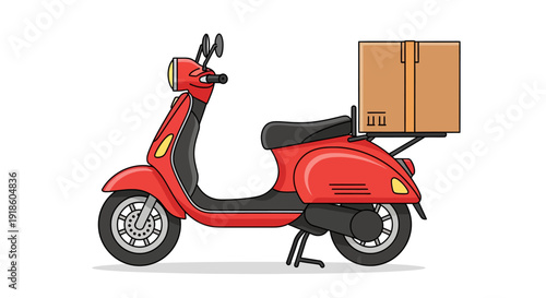 Red Delivery Scooter with Cardboard Box, Transportation Vehicle Illustration