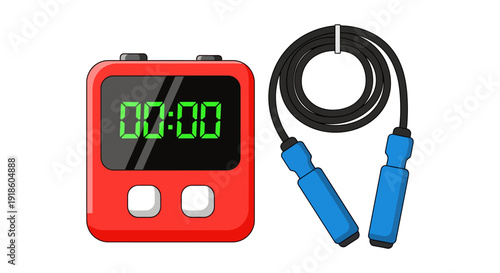 Red digital sports timer and a blue handled jump rope for fitness and exercise.