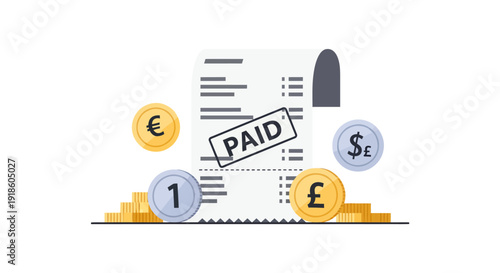 Paid Bill Receipt with Global Currency Coins and Stacks Illustration