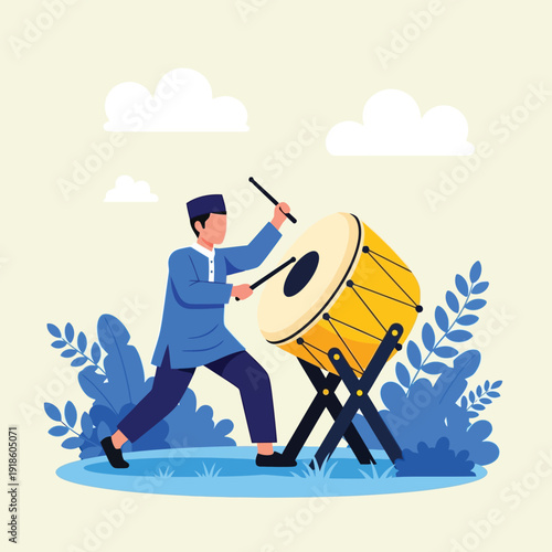 Indonesian Muslim Drummer Playing Bedug