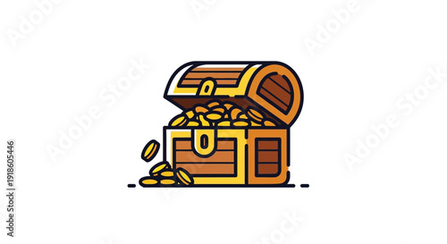 Open Treasure Chest Full of Gold Coins, Vector Illustration