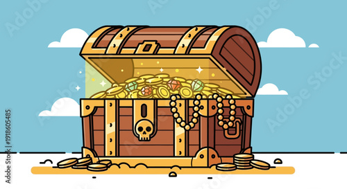 Treasure Chest Full of Gold Coins and Jewels, Pirate Loot, Vector Illustration