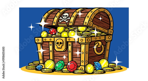 Open Treasure Chest Full of Gold Coins and Jewels, Pirate Symbol