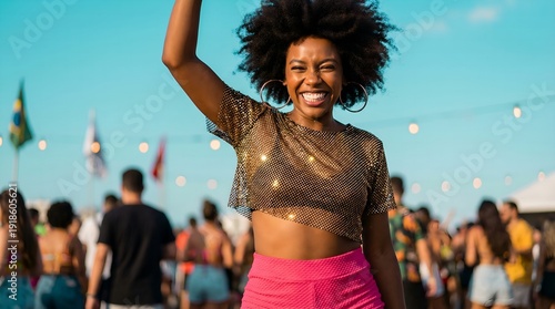 Young Happy Woman Cheerful Smiling and Dancing at Outdoor Summer Music Festival