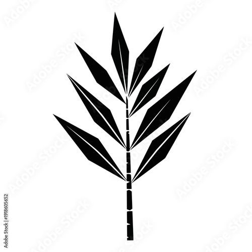 Black bamboo leaf branch silhouette on white background, elegant minimalist design