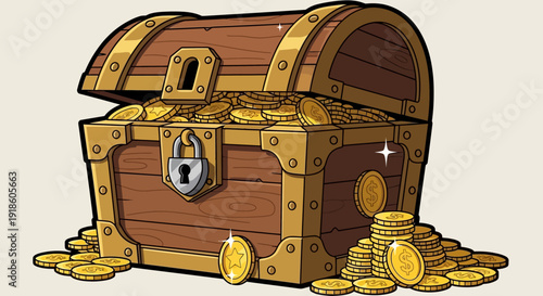 Treasure Chest Overflowing with Gold Coins, Locked, Cartoon Style