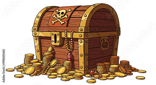 Pirate Treasure Chest Overflowing with Gold Coins, Jewels, and Skull Symbol